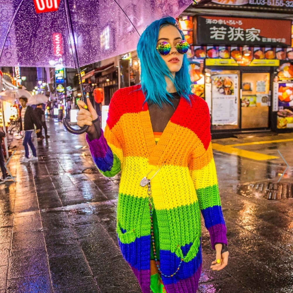 👑Dolls Kill Oversized Rainbow Cardigan
